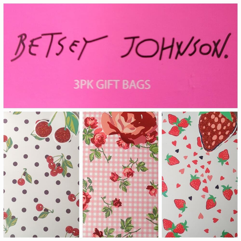 Betsey Johnson 3 Pack Gift Bags Cherries Red Roses Strawberries Hearts‎ NWT